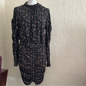 Evereve Lorelei Ruched Dress Dark Floral High Neck Long Sleeve NWT XL